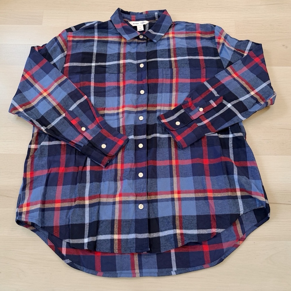 Old Navy Women’s Boyfriend Fit Flannel Button Down Large Blue Red EUC